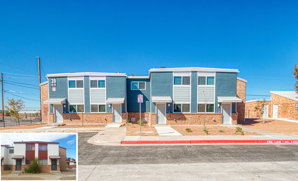 Living space in a renovated unit showing new flooring and finishes.