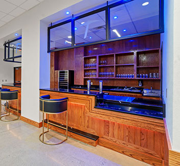Interior of the Gordon Family Courtside Club hospitality space.