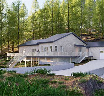 Rendered view of the new wood frame cabin in Ruidoso, New Mexico.